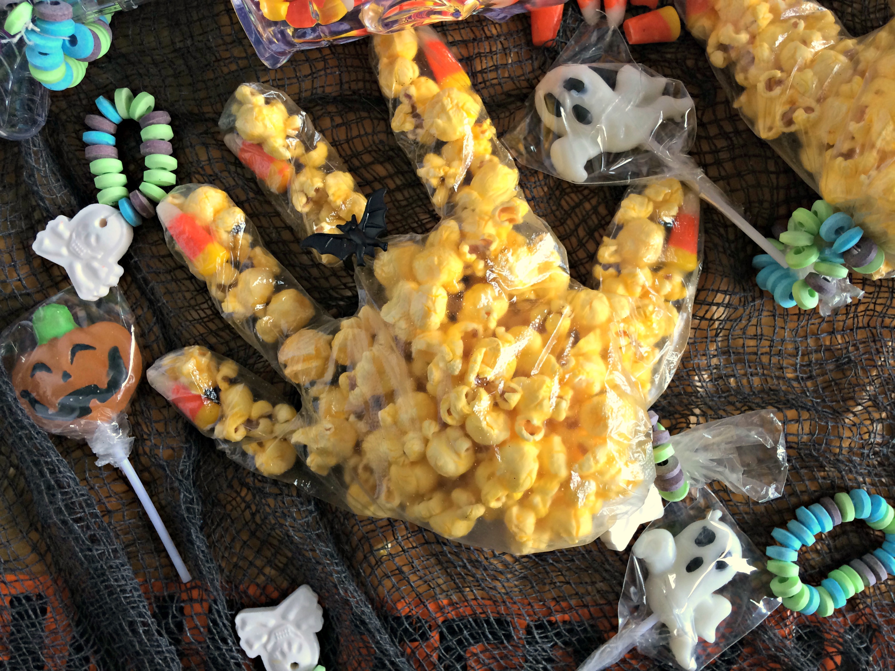 Witch hand made of popcorn and candy corn