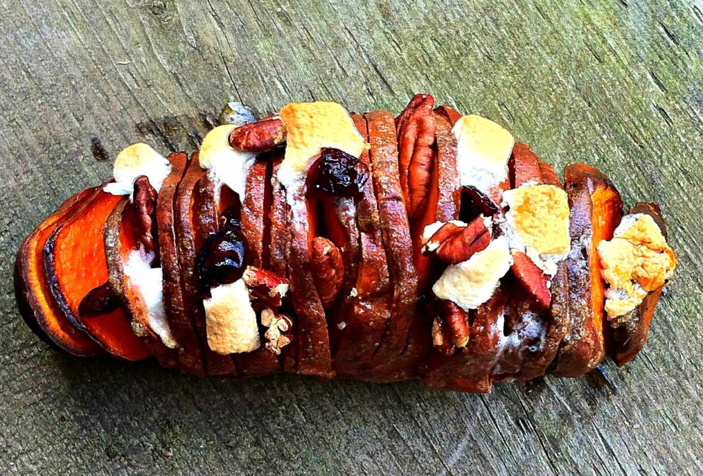 maple walnut candied hasselback sweet potato