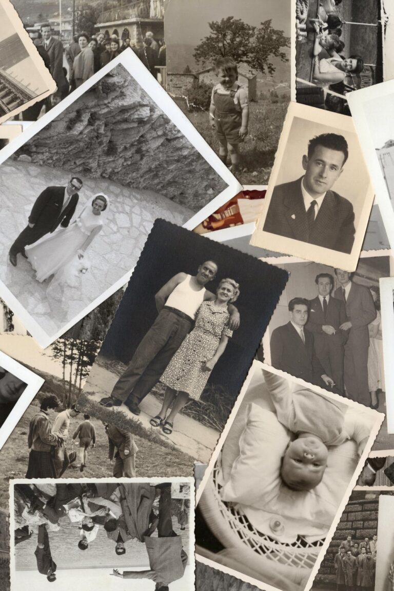 A collection of assorted antique black-and-white family photos showing couples, vacations, children, and more.