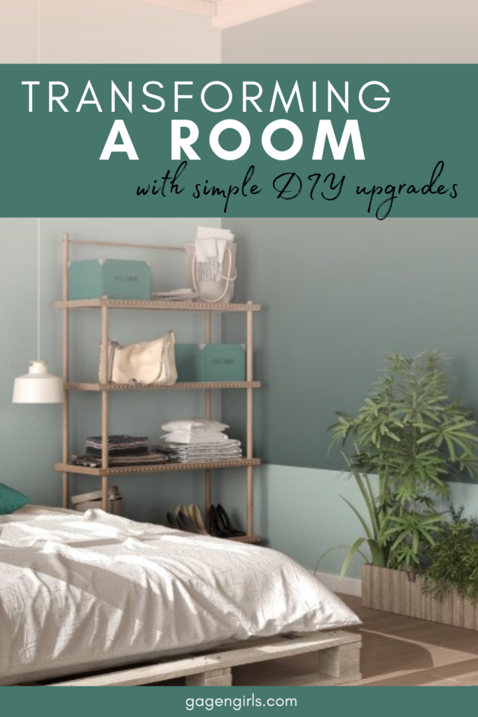 A white bed with green pillows sits on white wood pallets while surrounded by green plants and green walls. Text reads: Transforming a room with simple diy upgrades and gagengirls.com