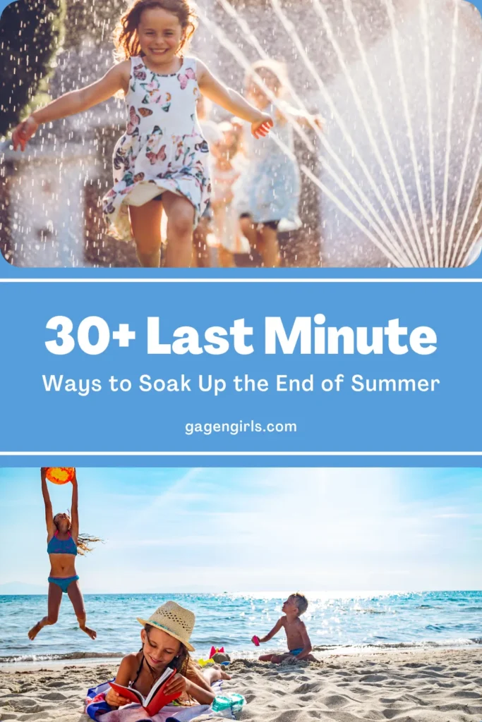 Pinterest graphic with kids on the beach and in sprinklers, reading, playing, and soaking up summer fun.