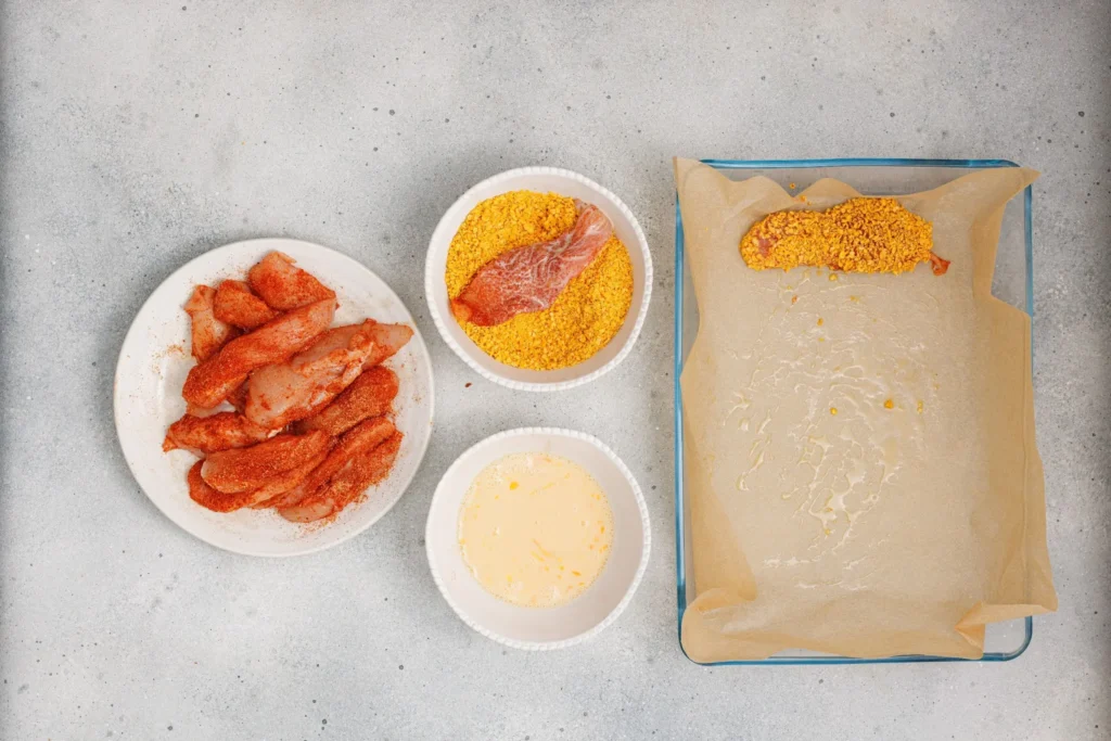 Chicken tender being coated in Dorito crumbs, with others lined up for breading.