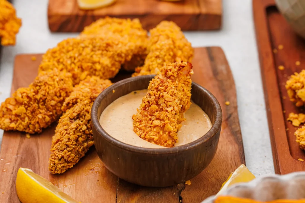 Crispy Dorito chicken tender being dipped into creamy chipotle ranch dressing in a wooden bowl.