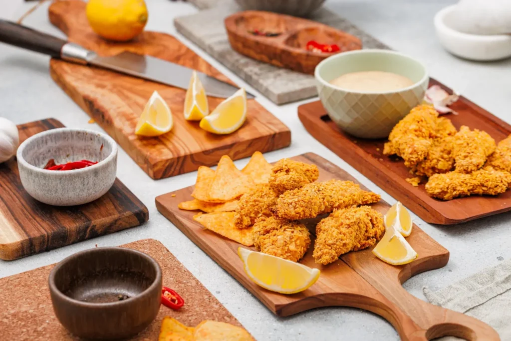 Finished Dorito chicken tenders served with chipotle ranch dressing and garnishes on cutting boards.