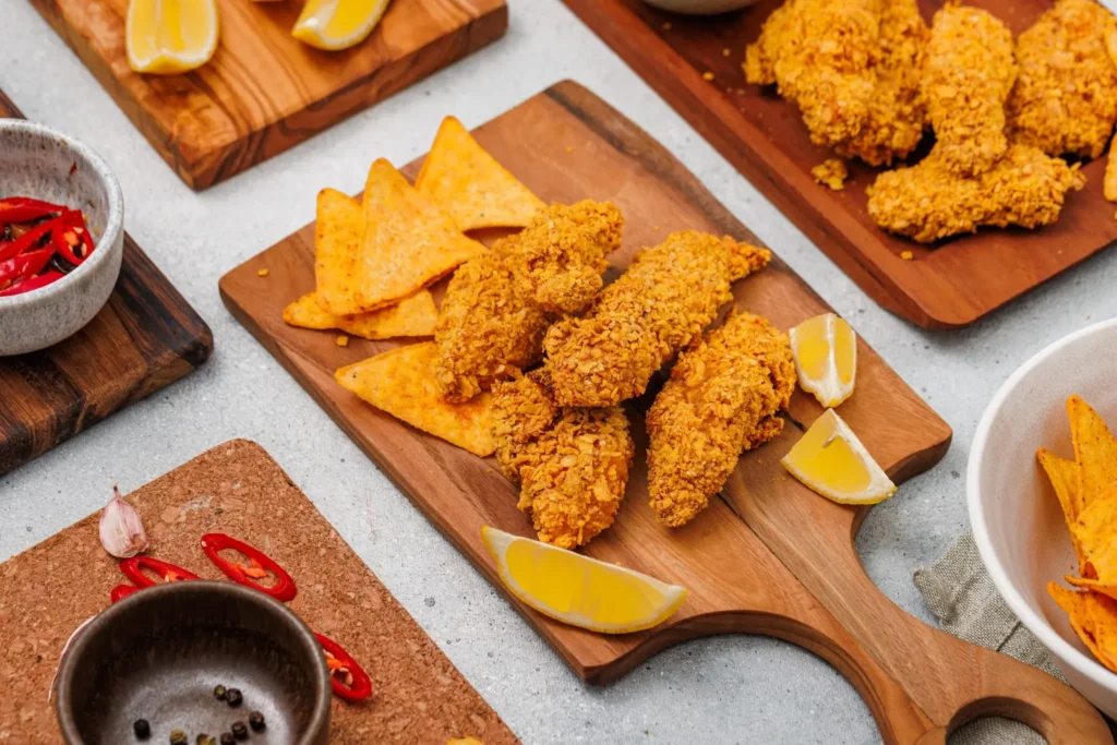 Golden brown baked Dorito chicken tenders on a serving board with lemon wedges and tortilla chips.