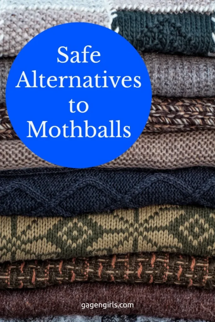 Stack of cozy folded sweaters with text overlay 'Safe Alternatives to Mothballs'