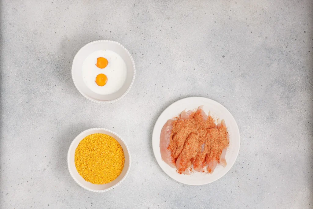 Chicken tenders seasoned and arranged with bowls of egg wash and crushed Doritos for coating.