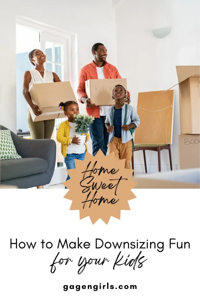 Happy family carrying boxes and a plant into a bright living room on moving day.