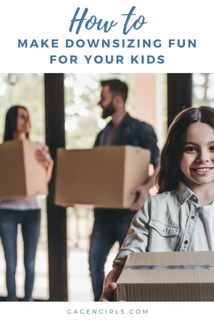 Smiling child holding a moving box with parents in the background during downsizing.