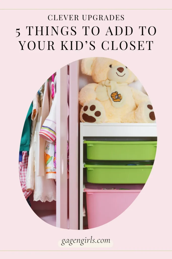 Organized kid’s closet with hanging clothes, colorful bins, and stuffed animals – clever kids' closet upgrades for storage solutions.