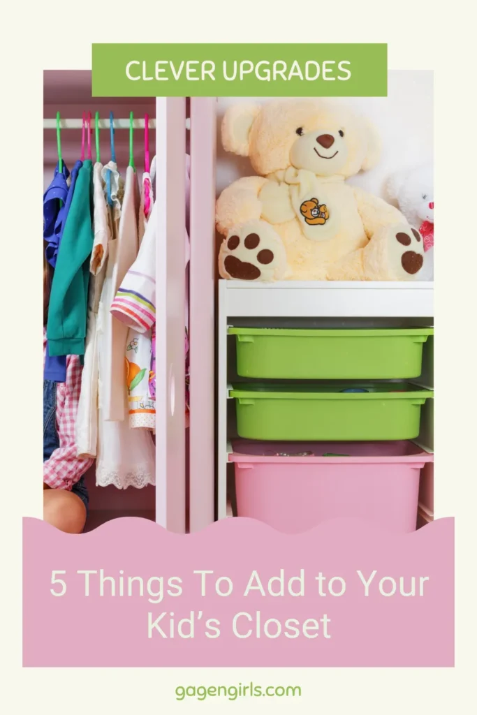 Kid’s closet storage with teddy bear, hanging clothes, and bins – five clever upgrades to add to your child’s closet.
