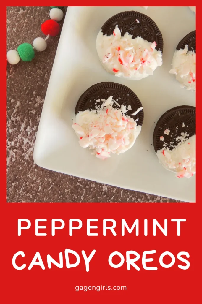 Vertical layout showing a platter of peppermint-topped Oreos with candy canes and pom-pom garland for a festive Christmas presentation.