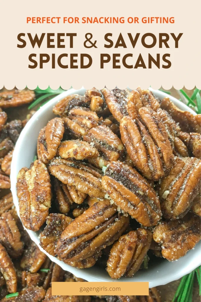 Close-up of sugared cinnamon spiced pecans in a white bowl with text overlay.