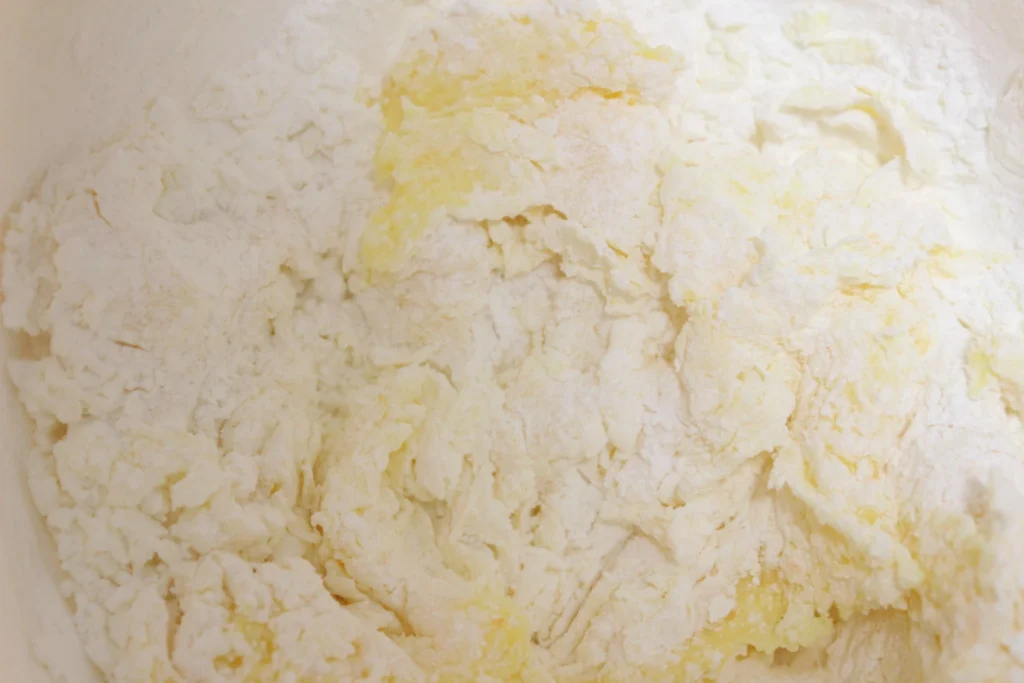 Dough beginning to form as ingredients combine