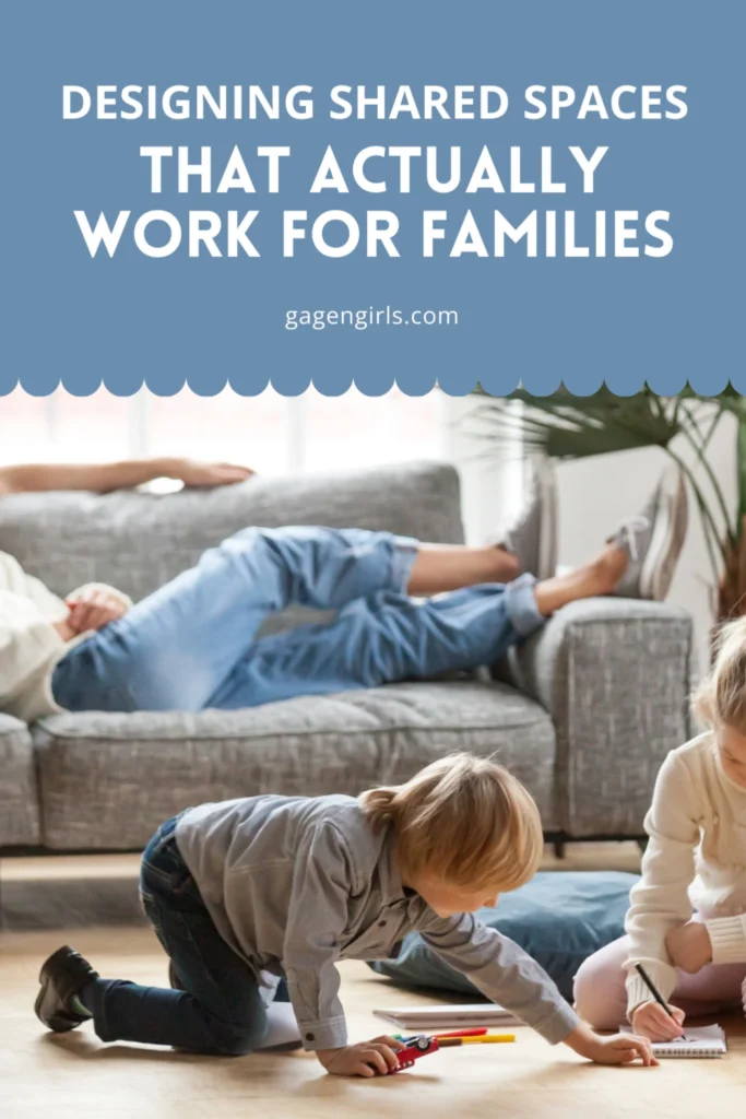 Children engaged in quiet play on the living room floor while a parent rests nearby, demonstrating a family-friendly shared space that balances comfort and function.