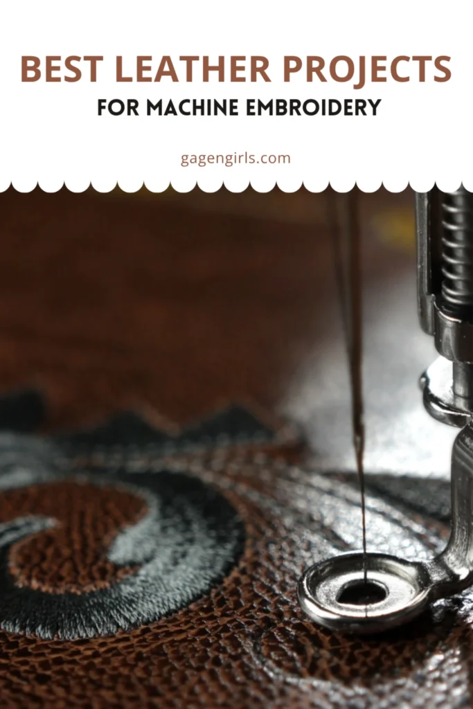 Sewing machine needle stitching intricate design on leather, shown in a clean Pinterest-style layout with text overlay.