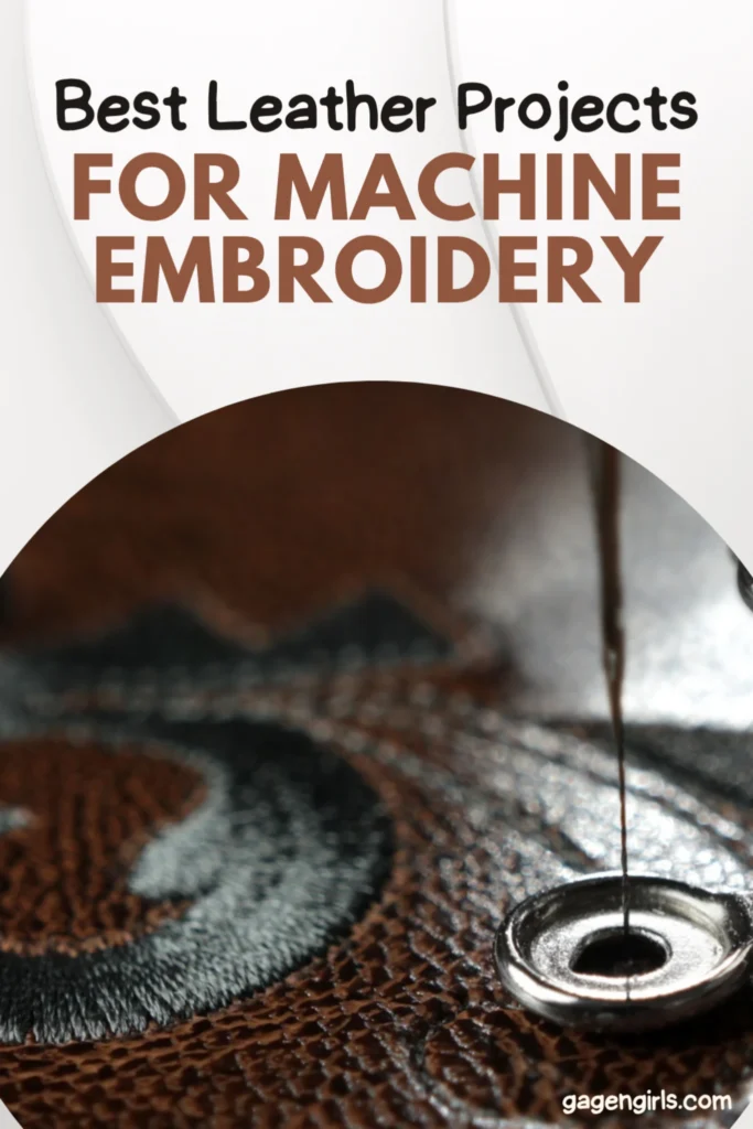 Detailed view of embroidery machine needle stitching a patterned design into textured brown leather surface.