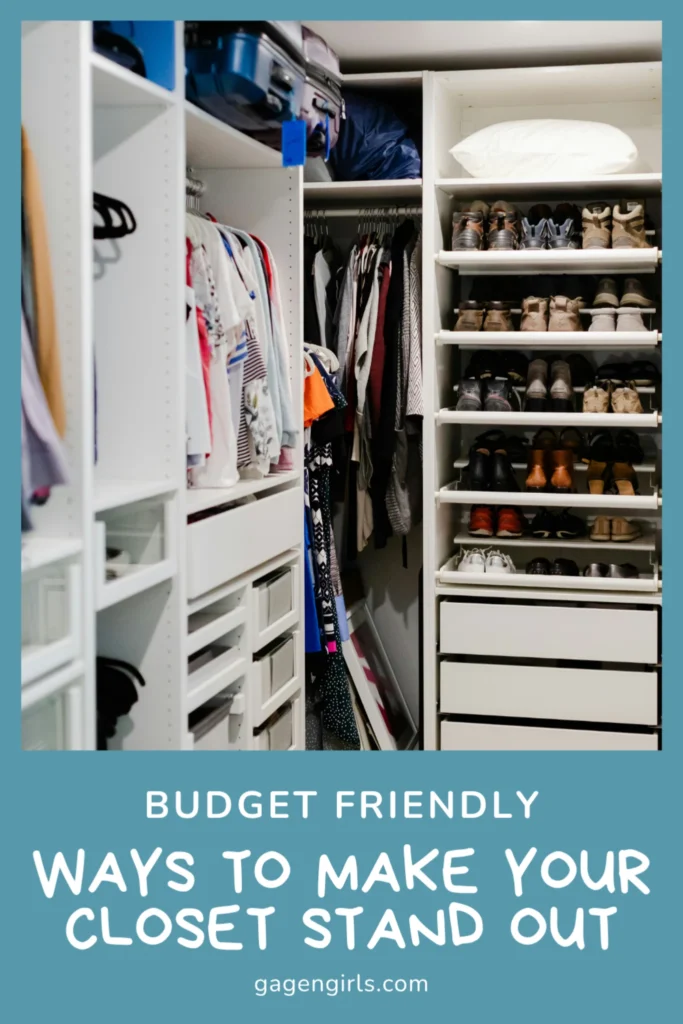 Organized closet with shelves, drawers, and shoe storage using budget friendly organization tips