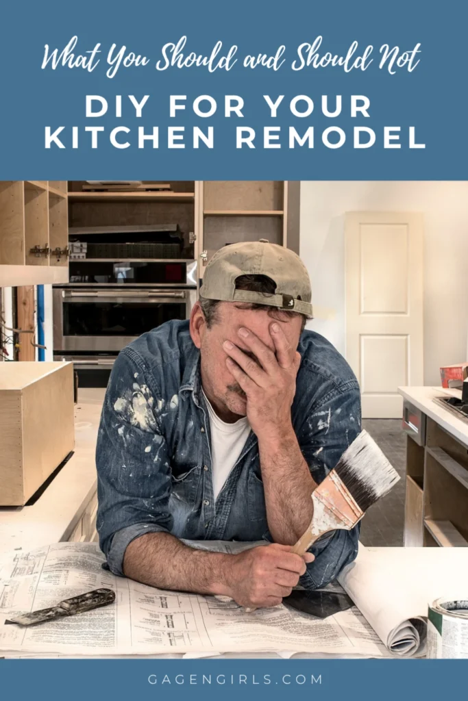 Man looking frustrated during a DIY kitchen remodel with cabinets and tools around him