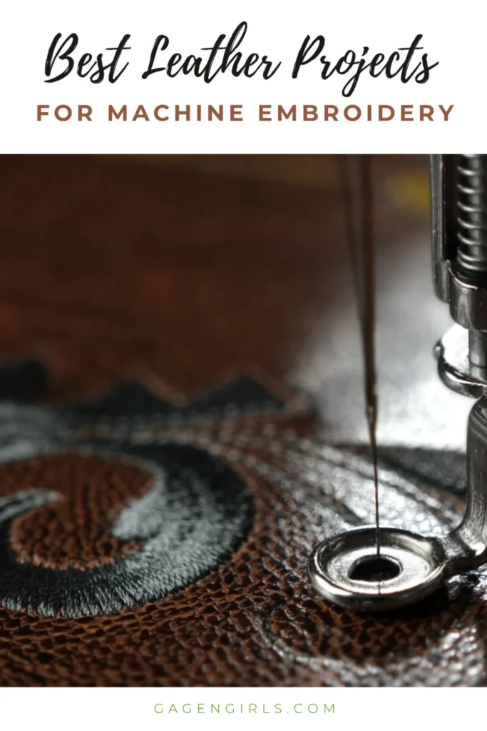 Detailed view of embroidery machine needle stitching a patterned design into textured brown leather surface.