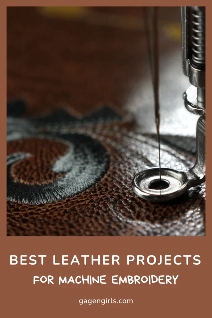 Embroidery machine working on leather fabric with visible stitching detail and textured brown background