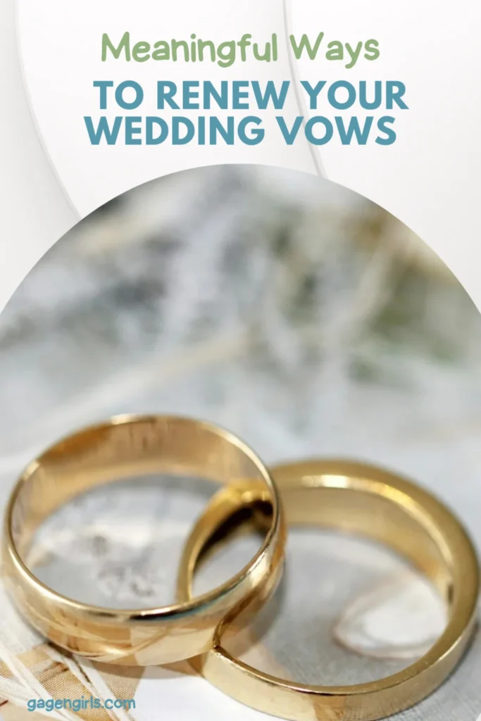 gold wedding rings closeup with text about renewing wedding vows