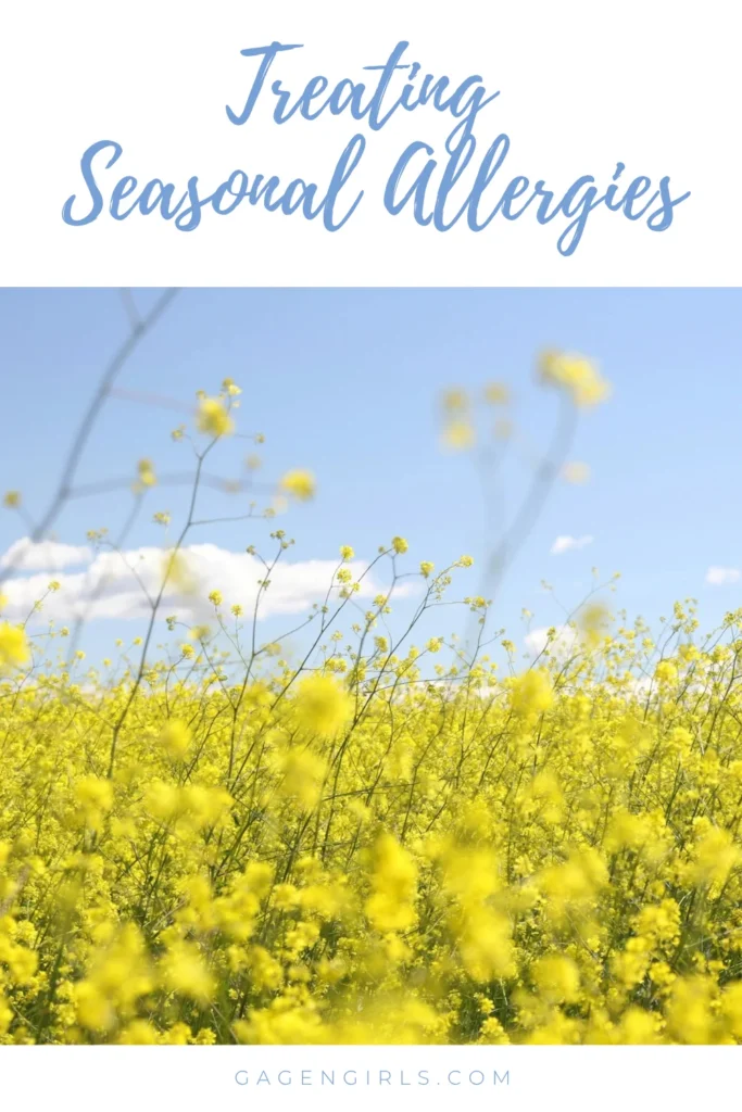 Pinterest image with yellow flower field and text about treating seasonal allergies during pollen season