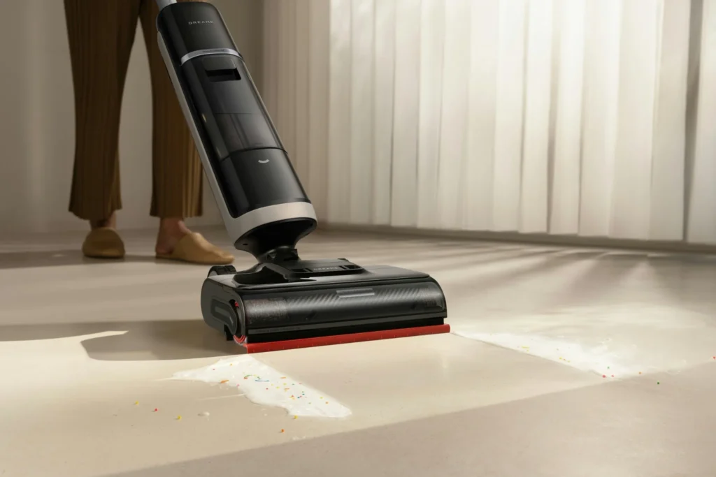 Vacuum cleaner removing dust and allergens from floor, highlighting the importance of HEPA filtration for allergy control