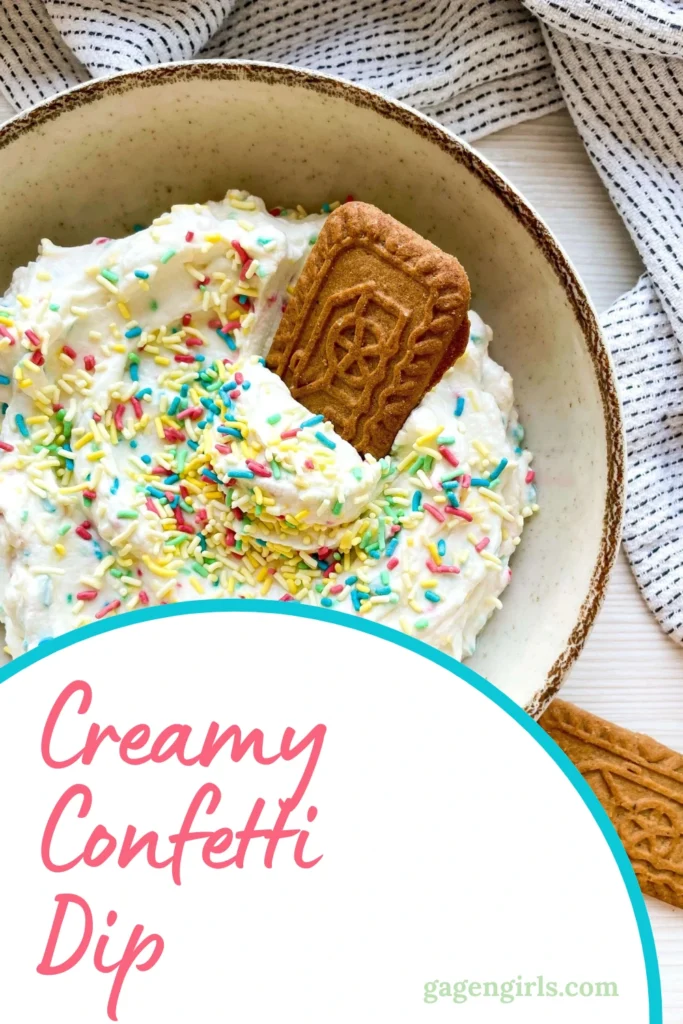 Pinterest pin showing creamy confetti dip with rainbow sprinkles and cookies for dipping.