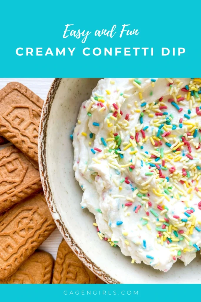 Pinterest graphic featuring creamy confetti dip as an easy party dessert idea with colorful sprinkles.