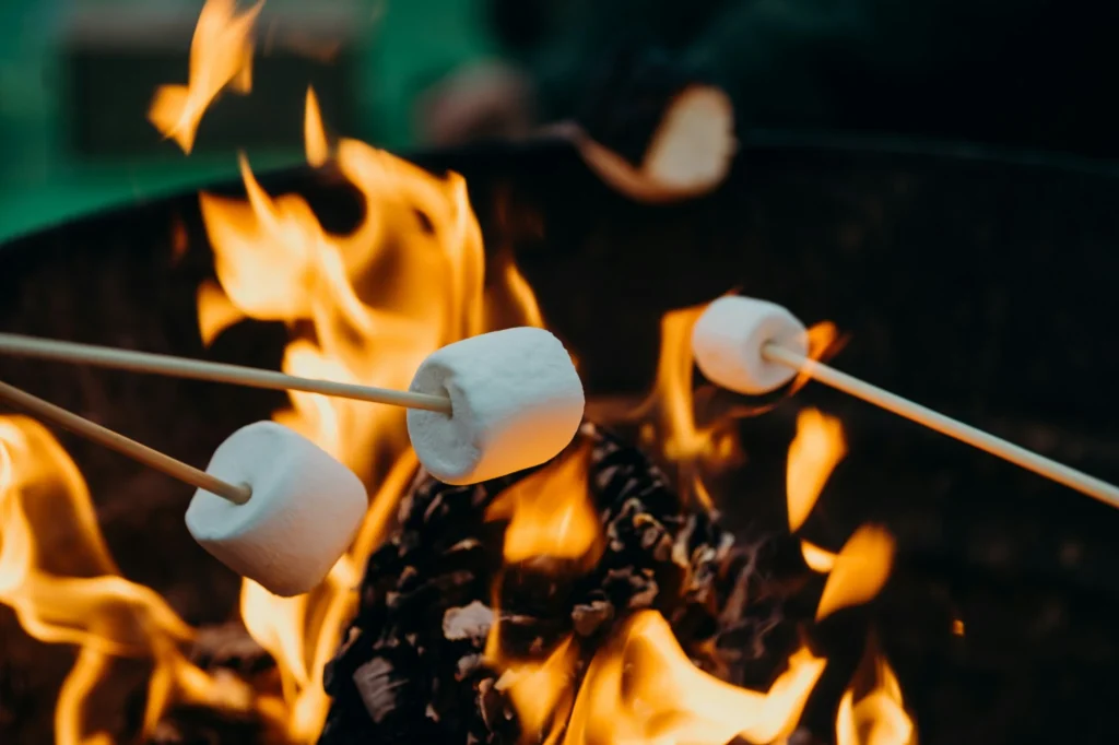 Marshmallows roasting over a bright campfire during a camping trip.