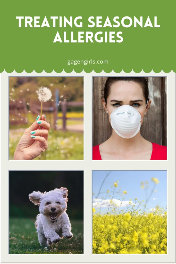 Pinterest collage featuring seasonal allergy management tips including pollen exposure, masks, pets, and outdoor allergens