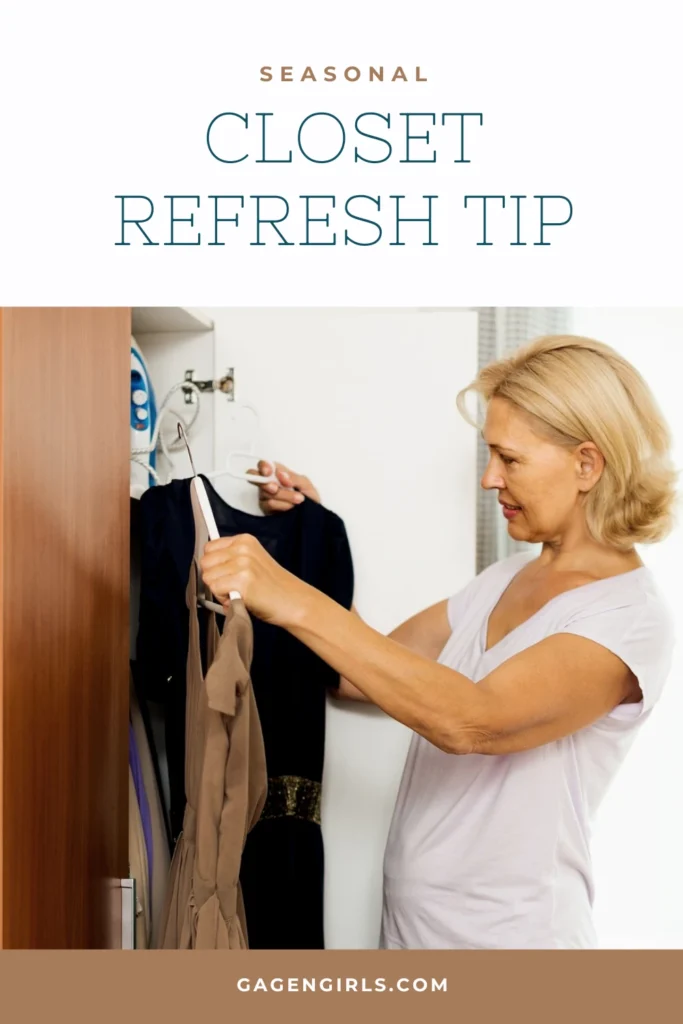 Woman organizing clothing in a closet with minimalist seasonal closet refresh tip graphics and branding.