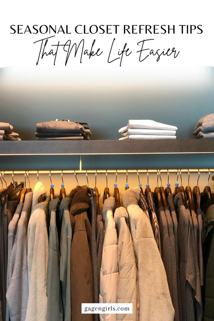 Neutral winter coats and sweaters hanging neatly in a modern closet beneath the title “Seasonal Closet Refresh Tips That Make Life Easier.”