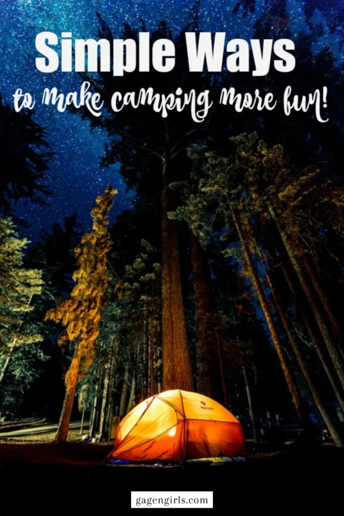 Pinterest graphic of a glowing tent under a starry sky with the text Simple Ways to Make Camping More Fun.