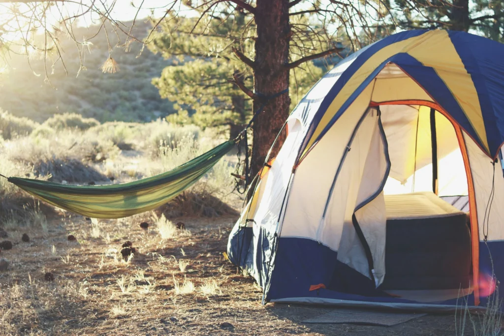 A camping tent and hammock set up outdoors in the early morning sunlight.