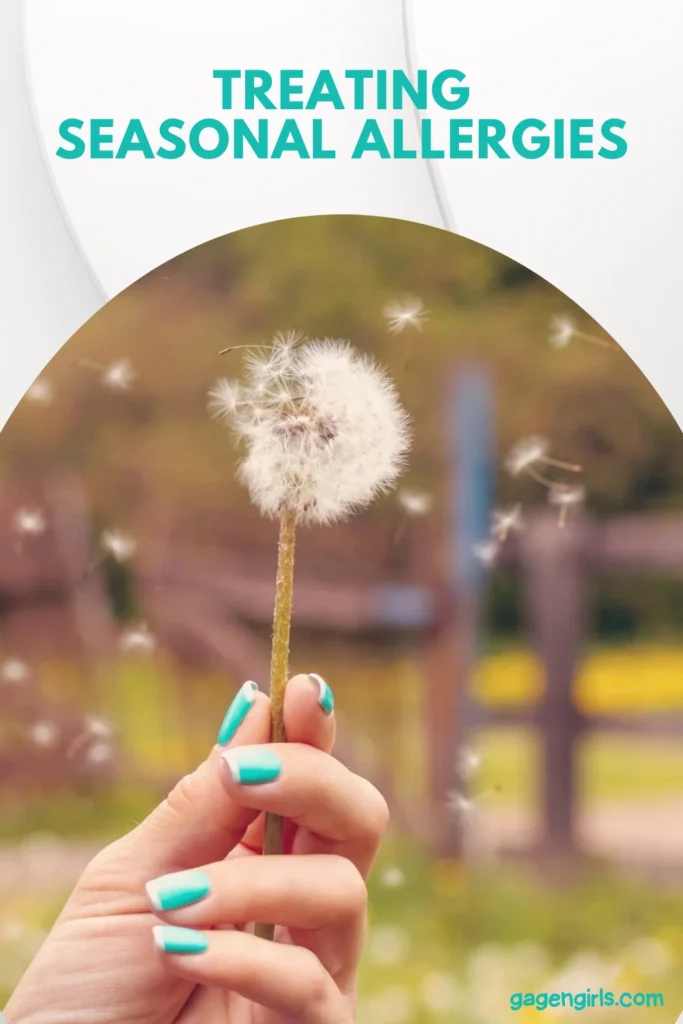 Pinterest graphic for treating seasonal allergies featuring a close-up of a dandelion releasing pollen into the air