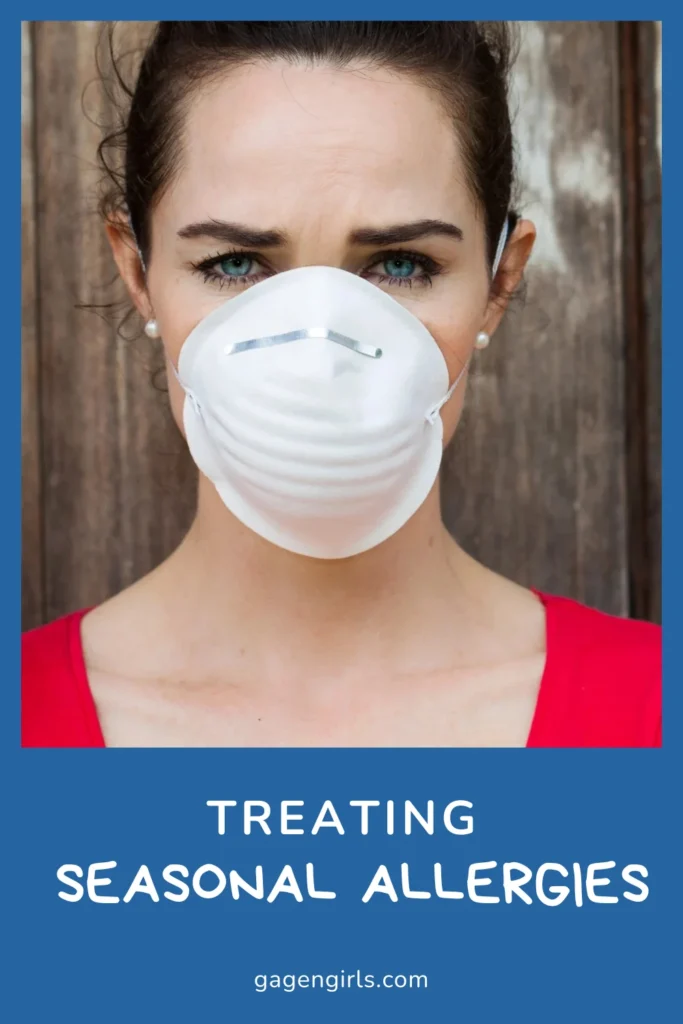Pinterest graphic showing a woman wearing a mask outdoors for seasonal allergy protection and relief