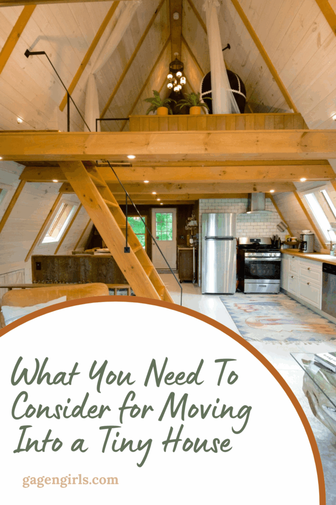 Pinterest pin about tiny house living with an A-frame tiny home interior and loft bedroom.