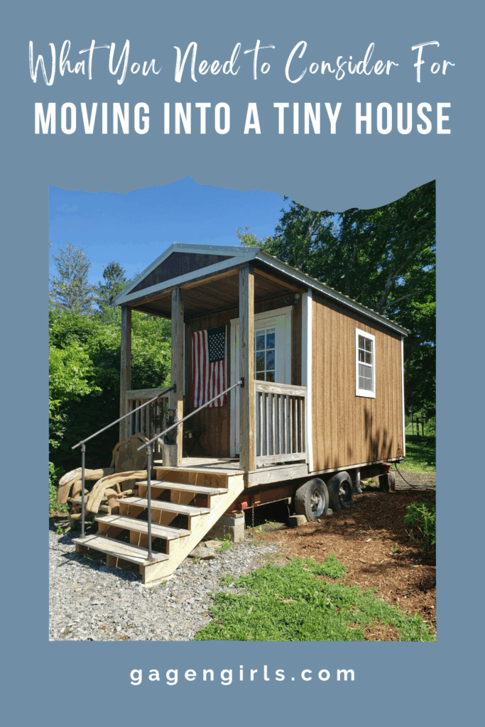 Pinterest graphic featuring a tiny house on wheels and tips for moving into a tiny home.