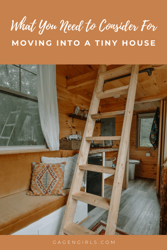 Pinterest pin for tiny house living with cozy wood interior and ladder loft design.