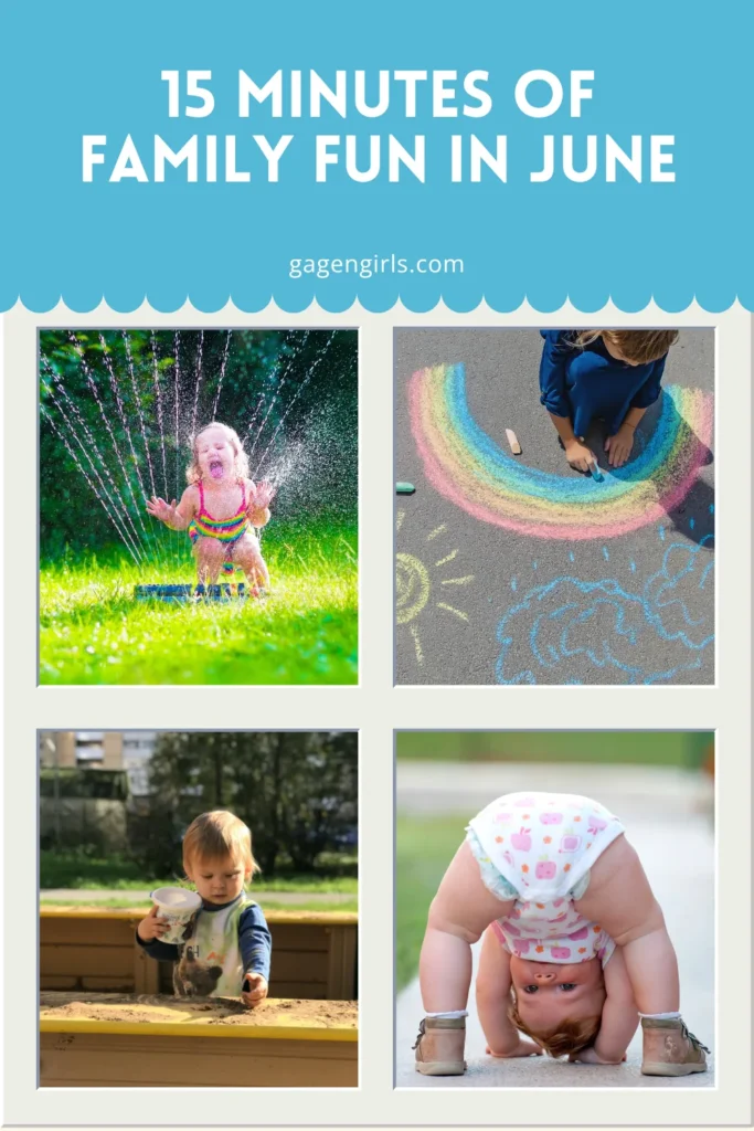 Collage of simple summer family fun activities including sprinklers, sidewalk chalk, sandbox play, and outdoor movement.