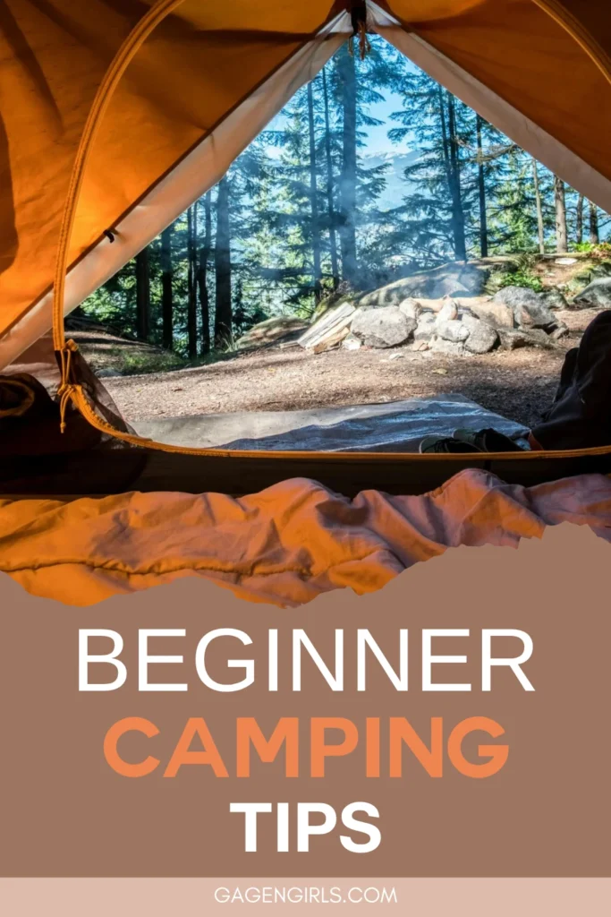 Pinterest graphic showing the view from inside a tent with the text "Beginner Camping Tips."