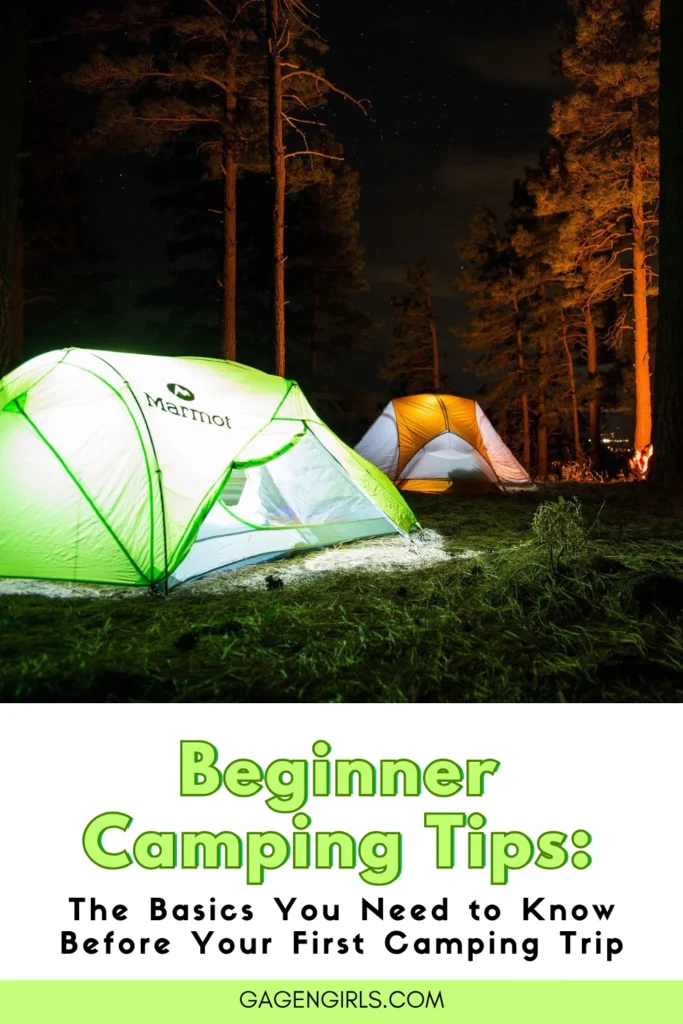 Pinterest graphic featuring a nighttime campsite and the text "Beginner Camping Tips: The Basics You Need to Know Before Your First Camping Trip."