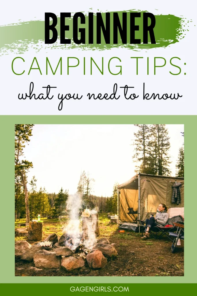 Pinterest graphic featuring a campsite and the text "Beginner Camping Tips: What You Need to Know."