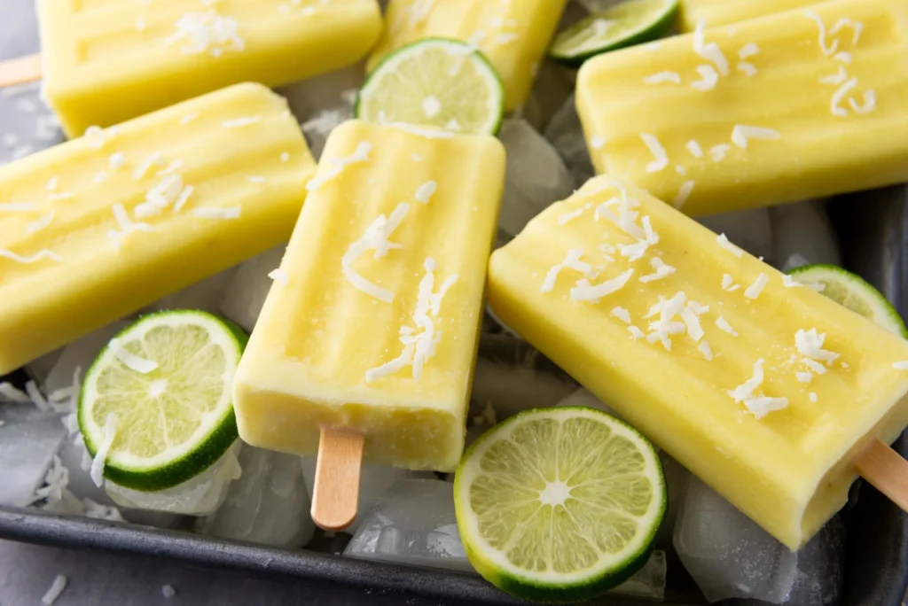 Homemade pineapple coconut lime popsicles served on ice with fresh lime slices and coconut flakes.