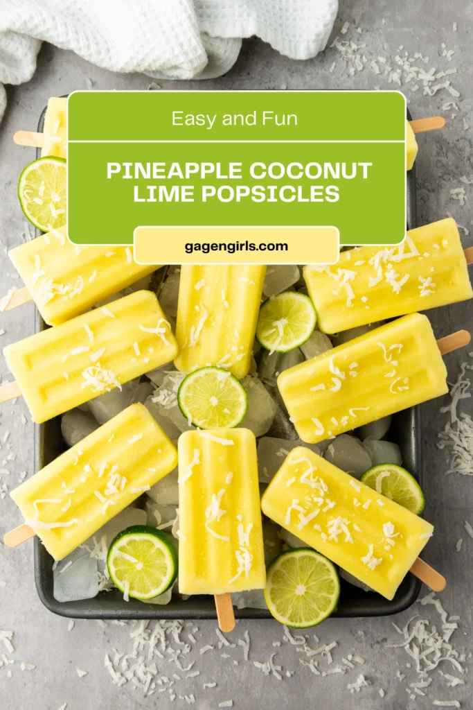 Pineapple coconut lime popsicles served on ice with fresh lime slices and shredded coconut.