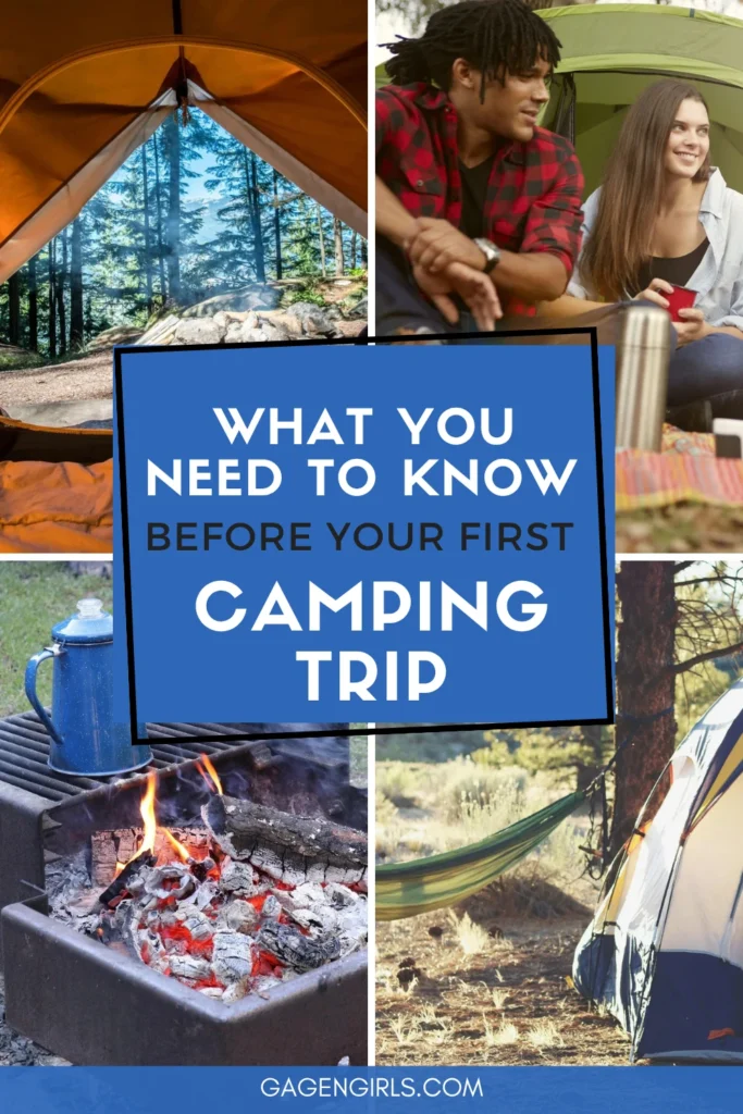 Pinterest collage of camping scenes with the text "What You Need to Know Before Your First Camping Trip."