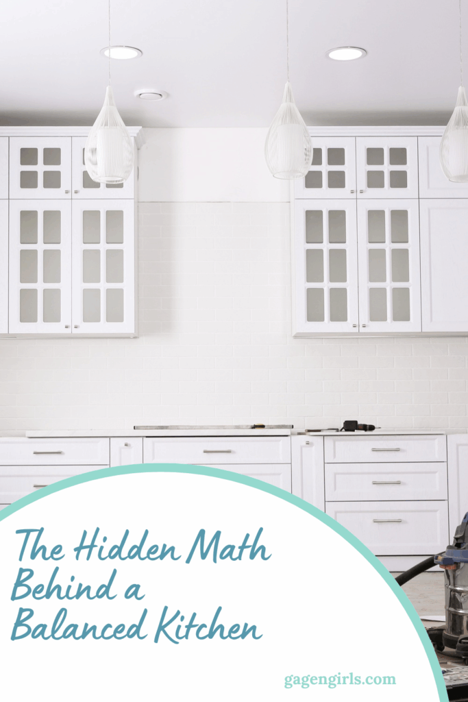 Modern white kitchen with under-cabinet lighting and the title "The Hidden Math Behind a Balanced Kitchen."