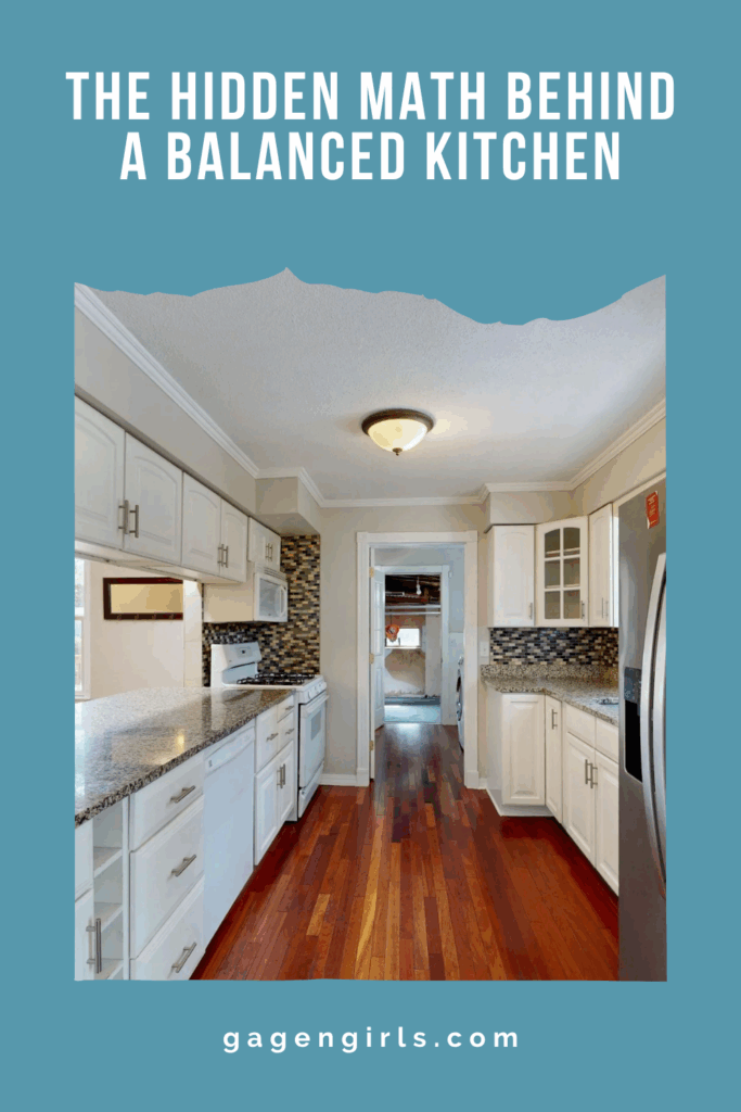 Traditional white kitchen with hardwood floors featuring the title "The Hidden Math Behind a Balanced Kitchen."